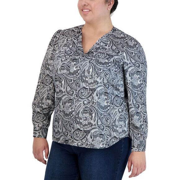 Jones New York Plus Size Satin Paisley Print Utility Blouse - Picture 3 of 3